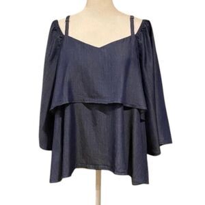 GIANNI BINI Tencel Ruffled Adjustable Strappy Cold Shoulder Top Blouse BLUE L